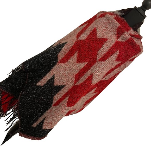 Express Red‎ and Dark Blue Geometric Patterned Shawl w Fringe - Picture 5 of 7